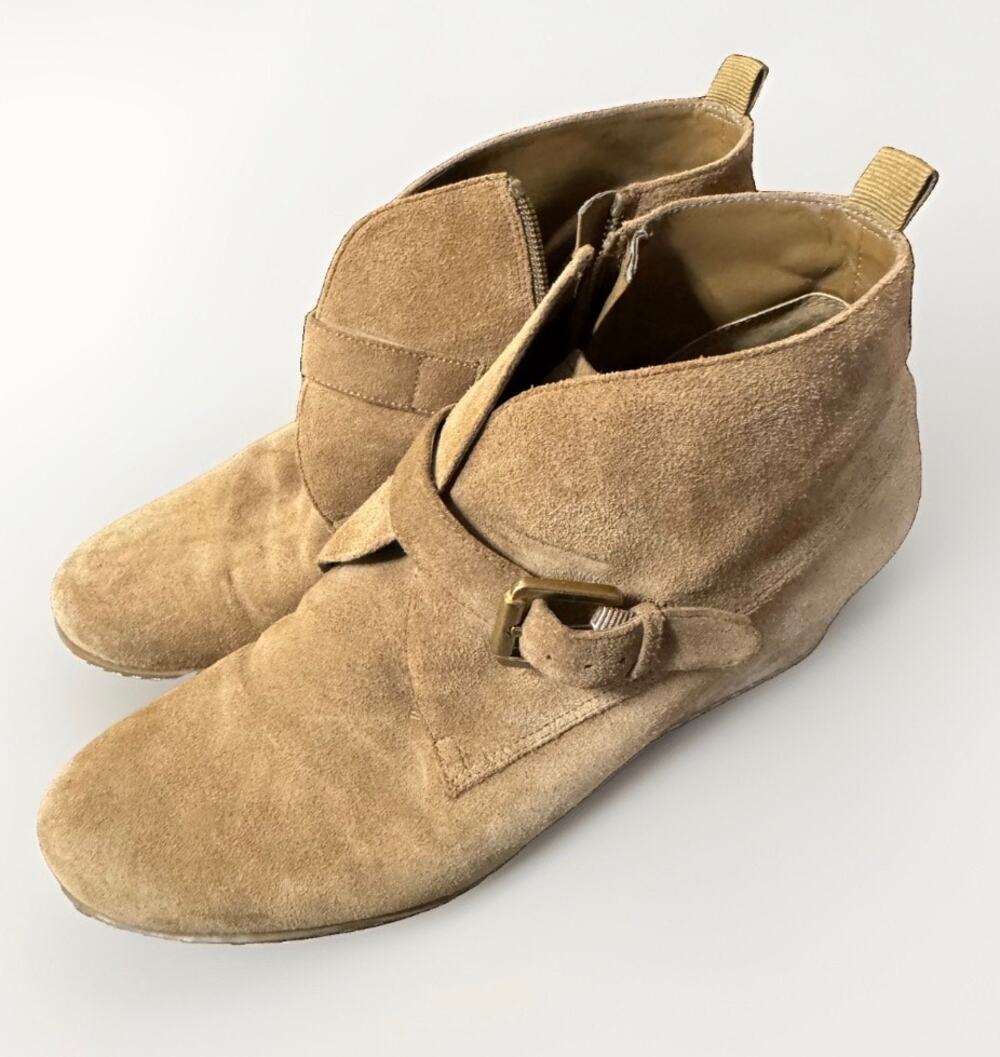Franco Sarto Women’s 9.5 M Tan Suede Ankle Boots Buckle Side Zip Booties